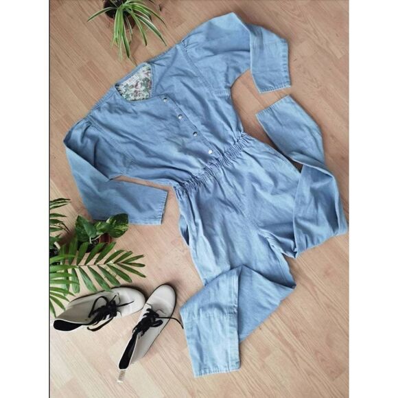 80s Denim Jumpsuit medium buttons pocket 90s vintage jumper TALL RARE Canadian T - Picture 1 of 3